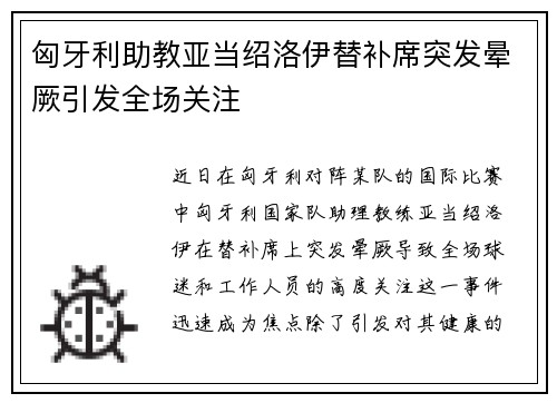 匈牙利助教亚当绍洛伊替补席突发晕厥引发全场关注 匈牙利助教亚当绍洛伊替补席突发晕厥引发全场关注